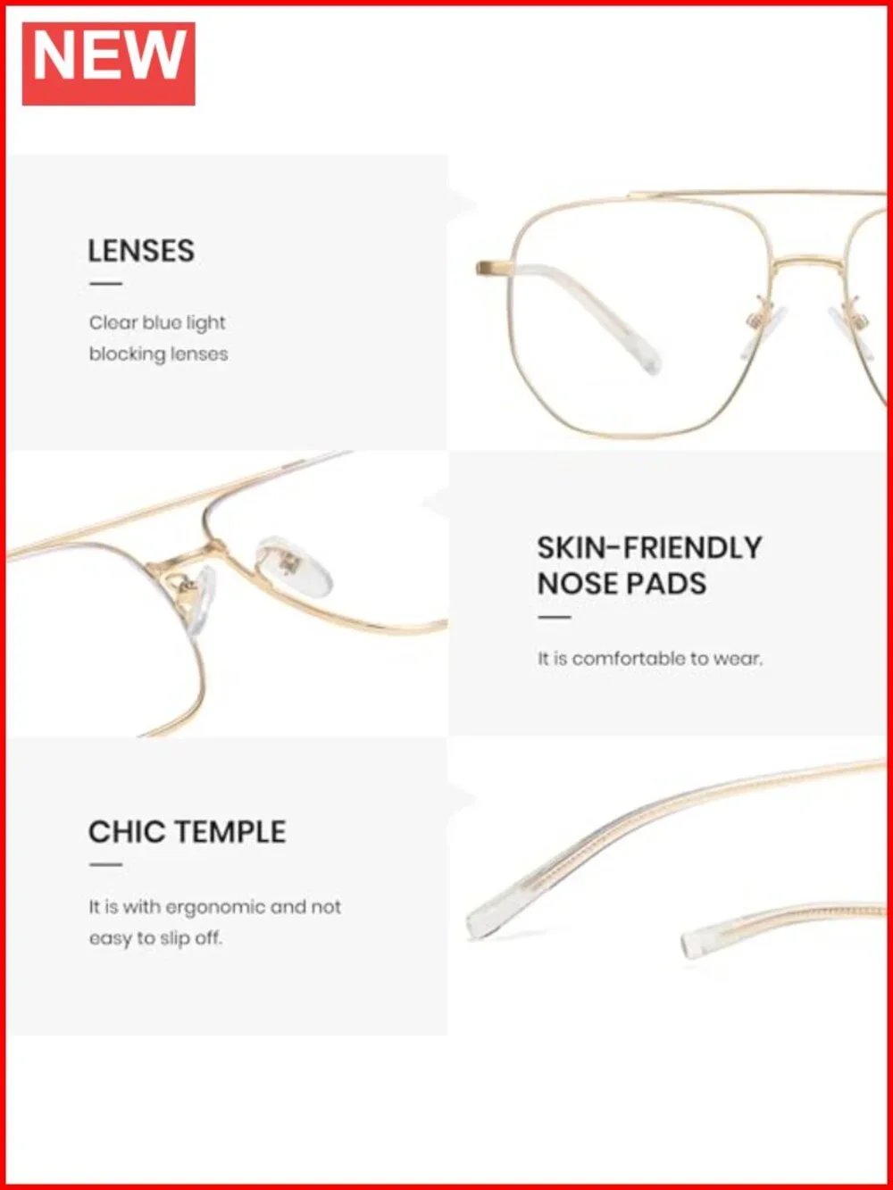 Oversized Aviator Blue Light Glasses Metal Frame Computer Screen Eye Strain